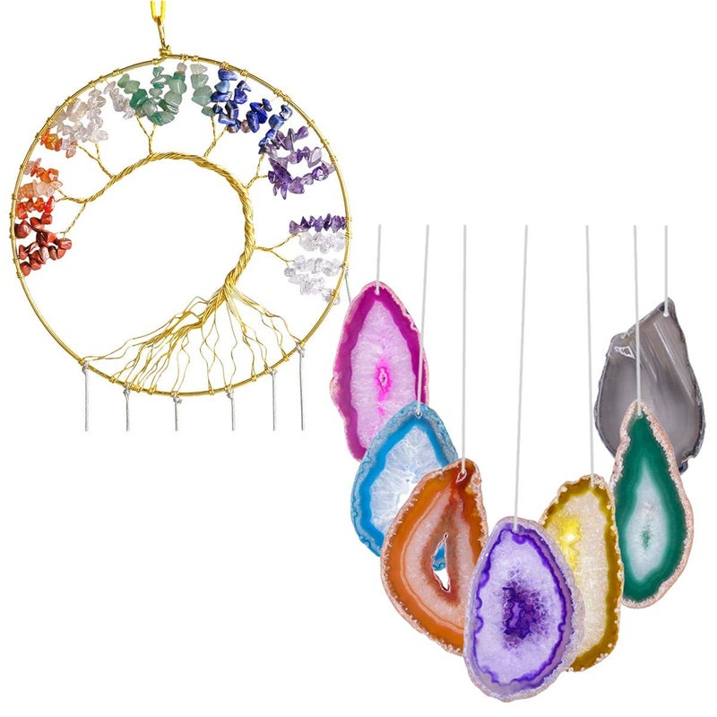 rockcloud Healing Crystals Tree of Life Wall Hanger Agate Slices Meditation Hanging Ornament Window Ornament Home Decor, Multicolor - Image 4